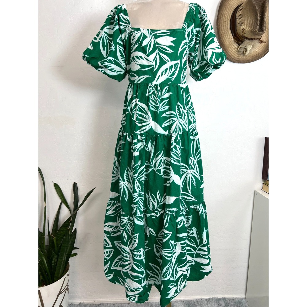 Meadow Rhodes Boho Green Botanical Cotton Tiered Maxi Dress Large Cottagecore